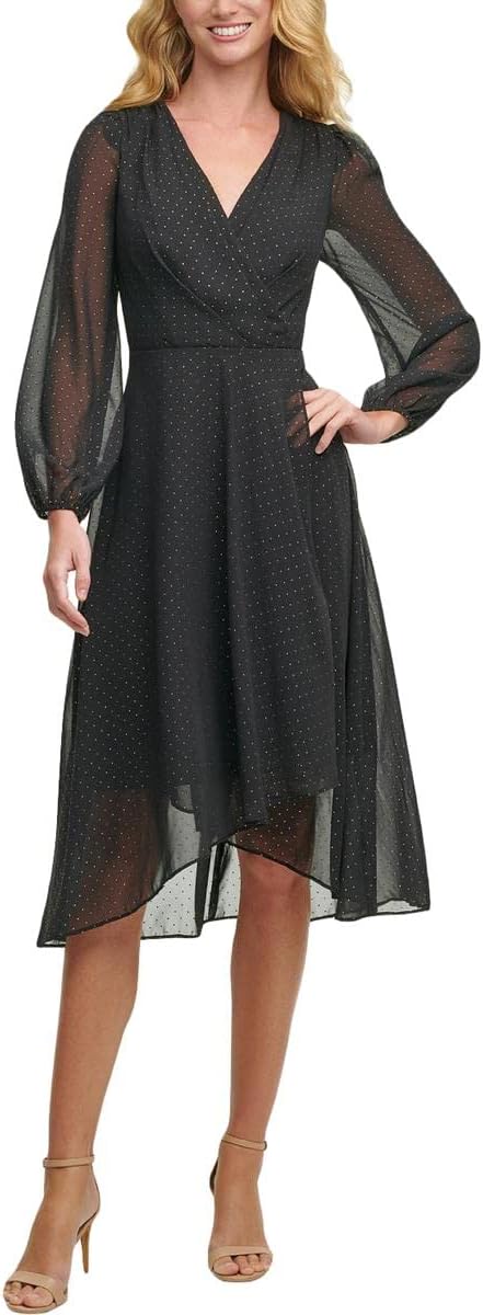 Tommy Hilfiger Women's Metallic Sheer-Sleeve Surplice Dress  Color Black Size 4