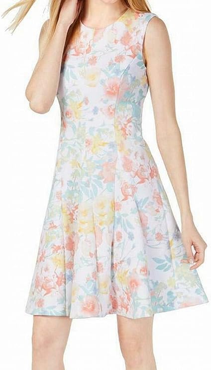 Calvin Klein Women's Petite Sleeveless Printed A-Line Dress  Color White Floral Size 12P