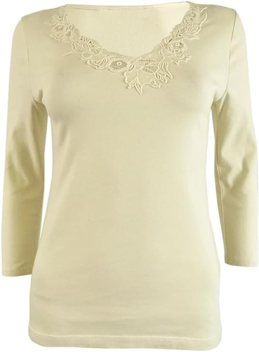 Lauren Ralph Lauren Women's Lace-Trim Stretch Cotton Top  Color Mascarpone Cream Size L