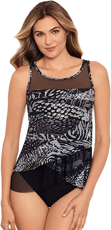 Miraclesuit Mirage Printed Mesh-Trim Underwire Bra Tankini Top  Color Lux Lynx Black/Gray Size 10