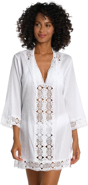 La Blanca Women's V-Neck Tunic Swimsuit Cover Up  Color White Island Fare Print Size S