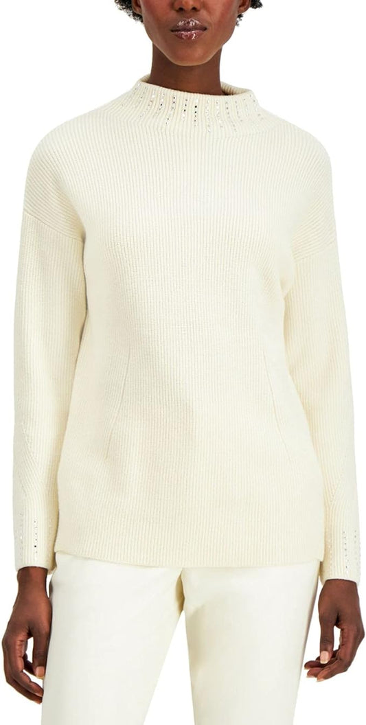 Alfani Women's Embellished High-Neck Sweater  Color Pure Ivory Size M