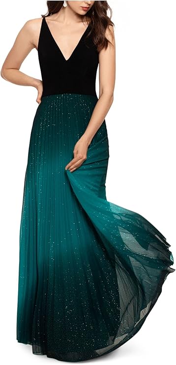 Betsy & Adam Pleated Glitter-Skirt Gown  Color Black/Teal Green Size 8