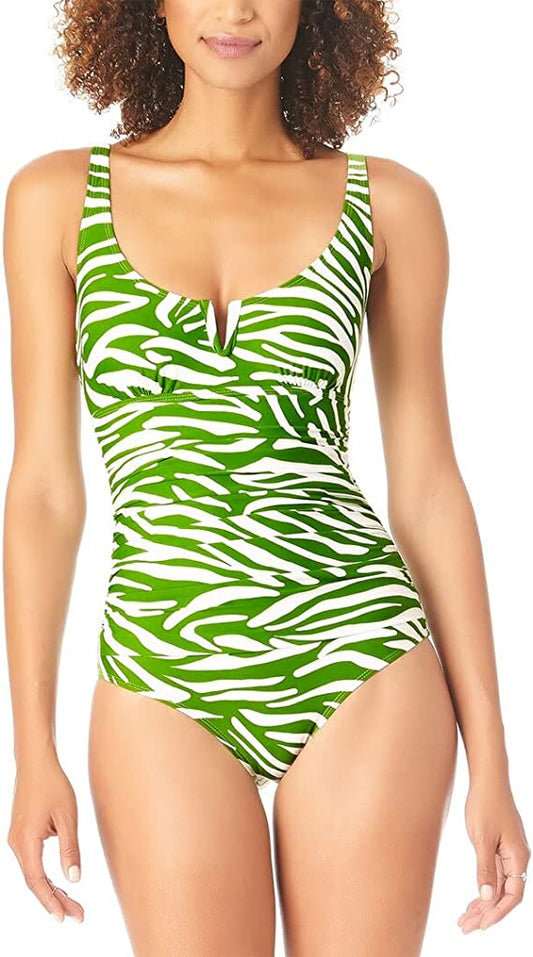 Anne Cole Zebra V-Wire One-Piece Swimsuit  Color Green/White Size 8