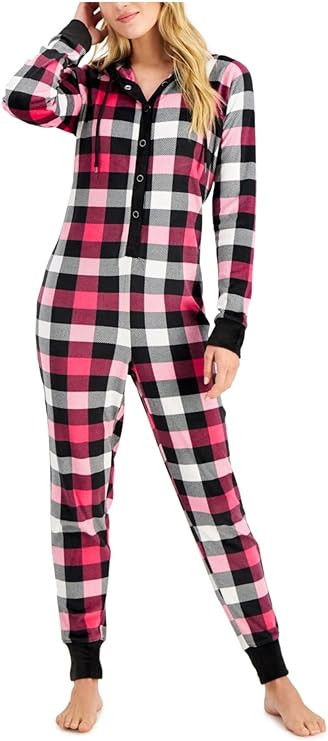 Jenni Women's Hooded Velour Printed Unionsuit  Color Pink Plaid Size XL