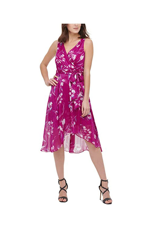 DKNY Tie Ruffled Metallic Floral Cocktail Faux Wrap Dress  Color Berry Multi Size 4