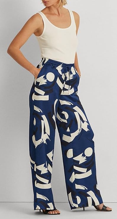 Lauren Ralph Lauren Women's  Geometric-Print Charmeuse Wide-Leg Pants  Color Blue/Cream Navy Size XL