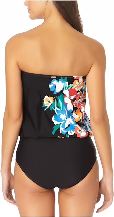 Anne Cole Printed Blouson One-Piece Swimsuit  Color Black Floral Size 10