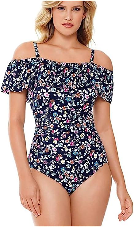 Swim Solutions Floral Off Shoulder Tummy Control Swimsuit  Color Vintage Ditsy Navy Size 8