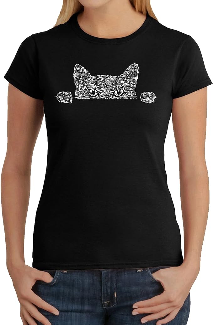 LA Pop Art Women's Word Art Peeking Cat T-Shirt  Color Black Size M