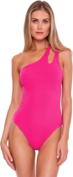 Becca Pucker Up Asymmetrical One-Piece Swimsuit  Color Cosmopolitan Size M