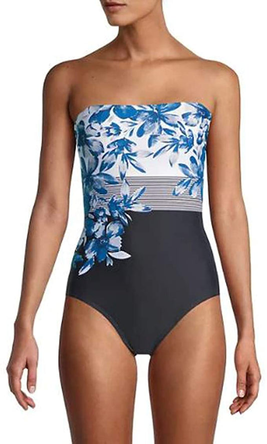 Calvin Klein Classic Bandeau One-Piece Swimsuit  Color Earl Multi Country Club Floral Size 4