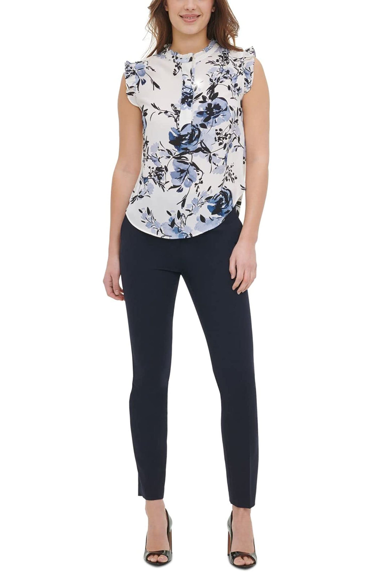 DKNY Women's Sleeveless Floral-Print Top  Color Navy Combo Size S