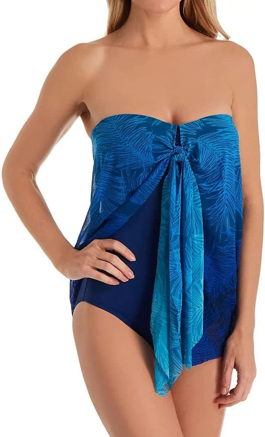 LAUREN RALPH LAUREN Ombre Palm Flyaway Strapless One Piece Swimsuit  Color Blue Size 4