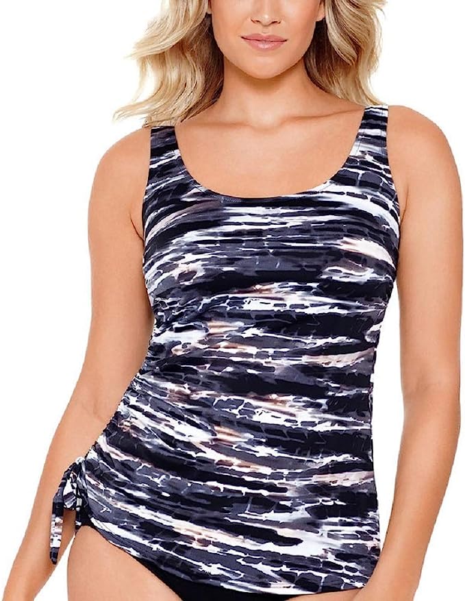 Swim Solutions Printed Side-Tie Tankini Top  Color Coastal Plates Black Size 10