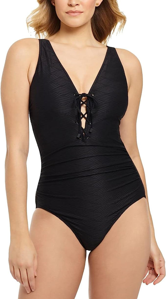 Swim Solutions Solid Textured Lace-Front One-Piece Swimsuit  Color Black Size 16