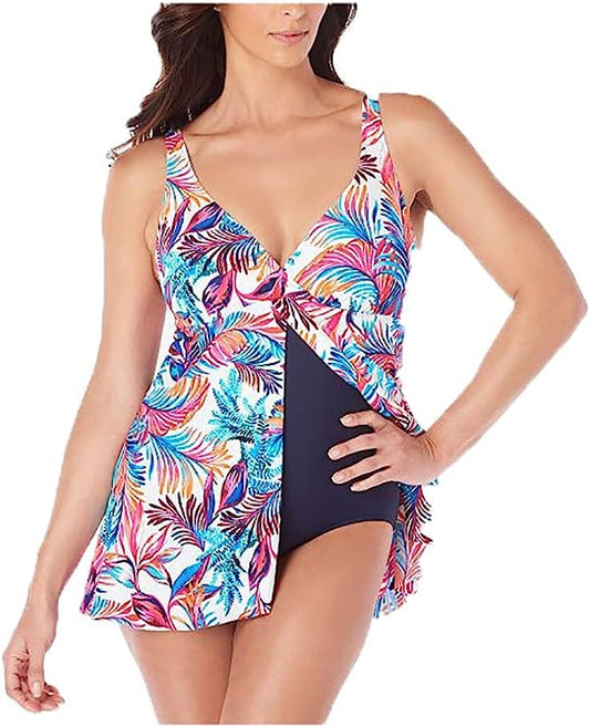 Swim Solutions Sienna Printed Flyaway Tummy Control Swimdress  Multicolor Size 18W