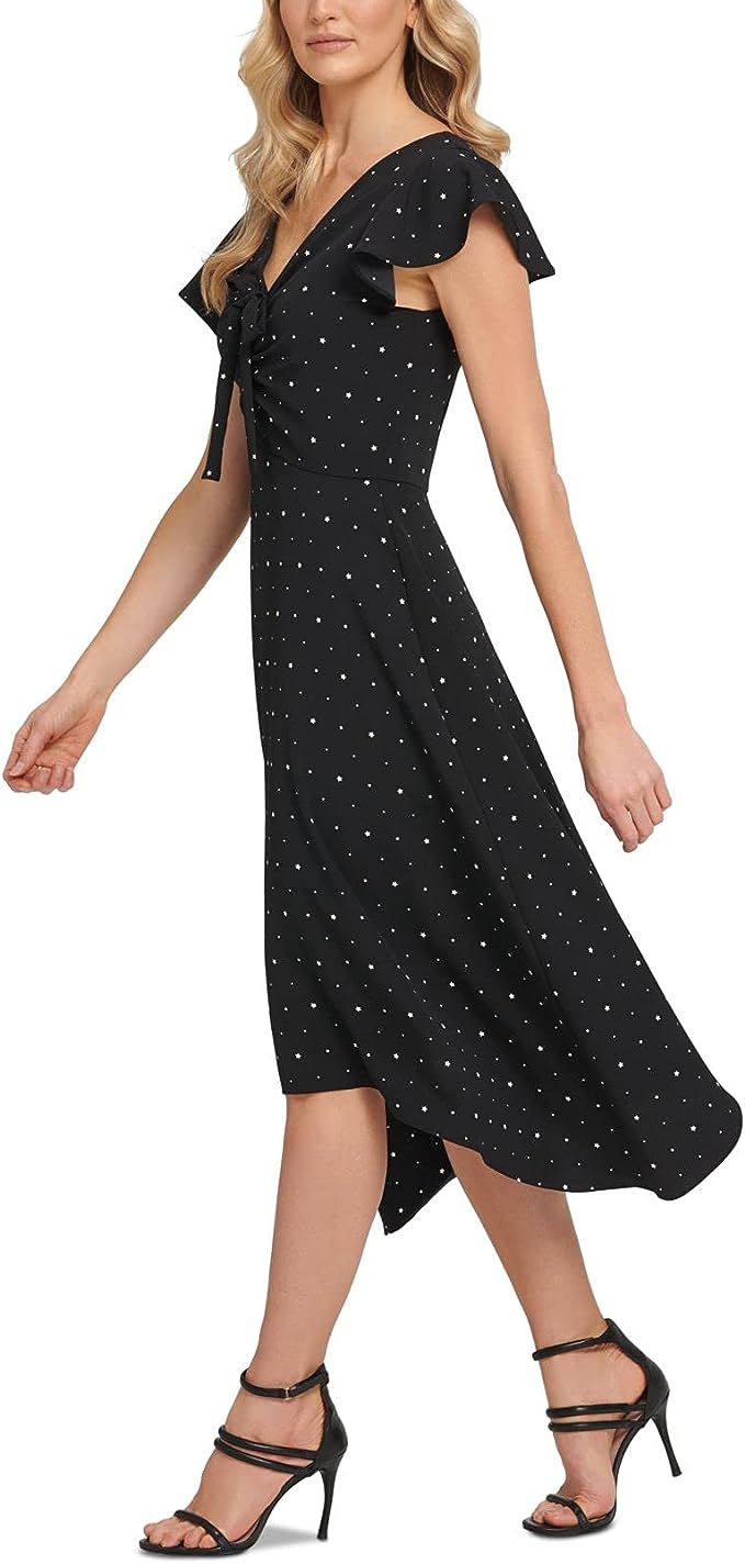 DKNY Women's Starry Ruched Tie-Front Dress  Color Black/Cream Size 10