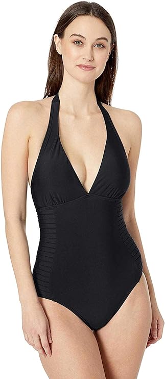 Calvin Klein Halter Top Pleated One Piece Swimsuit  Color Black Size 6