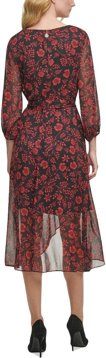 Tommy Hilfiger Almeria Floral-Print Calf Midi Dress  Color Black Scarlet Size 18