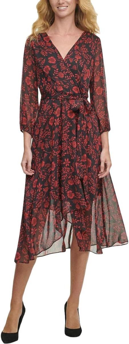 Tommy Hilfiger Almeria Floral-Print Calf Midi Dress  Color Black Scarlet Size 18