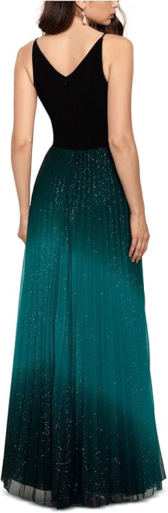 Betsy & Adam Pleated Glitter-Skirt Gown  Color Black/Teal Green Size 8