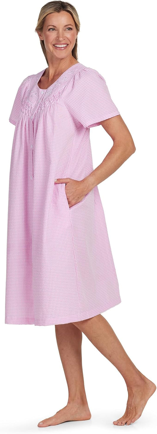 Miss Elaine Women's Short Seersucker Loungewear Robe  Pink White Check Size S