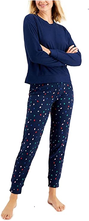 Jenni Women's Long Sleeve Waffle Pajama Top & Jogger Set  Color Holiday Lights Size L