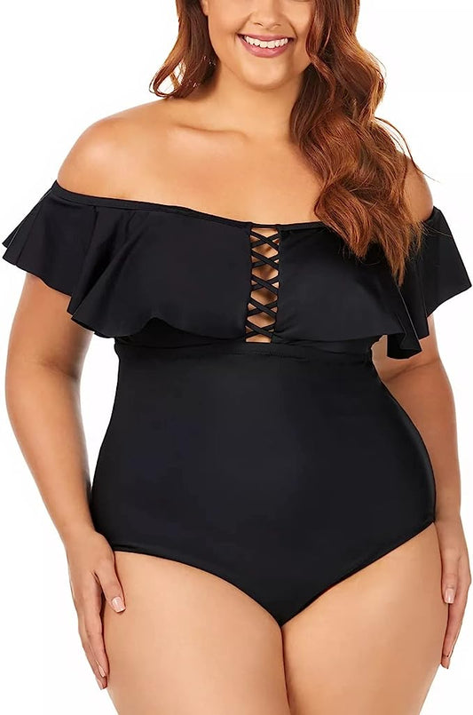 Raisins Curve Trendy Plus Size Solid Caicos Flounce One-Piece Swimsuit Color Black Size 20W