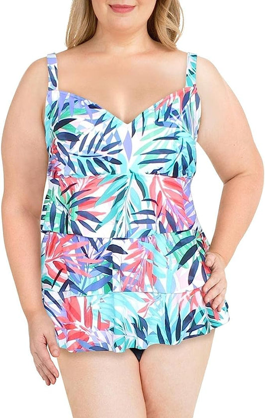 Swim Solutions Women's Plus Tummy Control One-Piece Swimsuit  Color Botanical  Size 24W