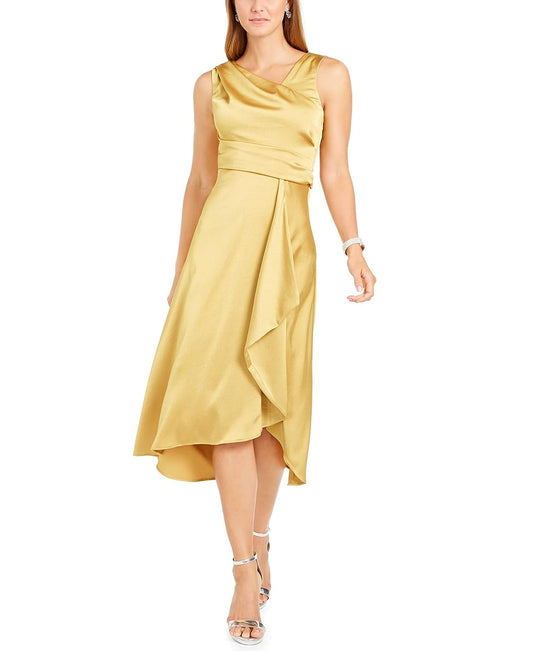 Taylor Dresses Women's Petites Draped Satin Midi Dress Color Oat Size 14P