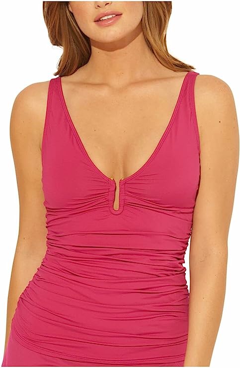 Bleu Rod Beattie Women's V-Neck Ruching Over-The-Shoulder Tankini Top  Color Rouge Pink Size 10