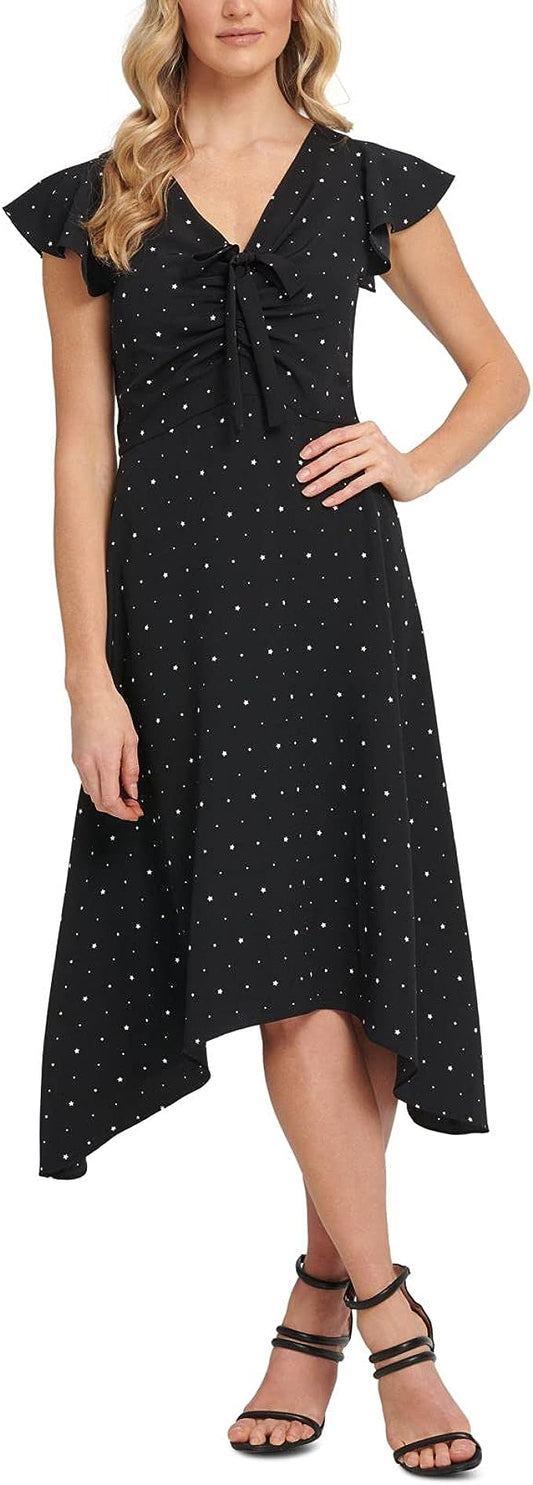 DKNY Women's Starry Ruched Tie-Front Dress  Color Black/Cream Size 10