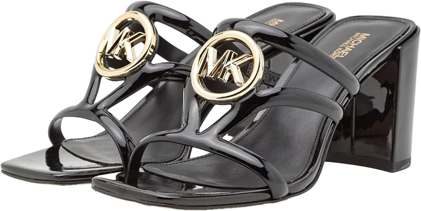 Michael Kors Women's Hampton Gold Logo Sandals  Color Black Size 8.5M