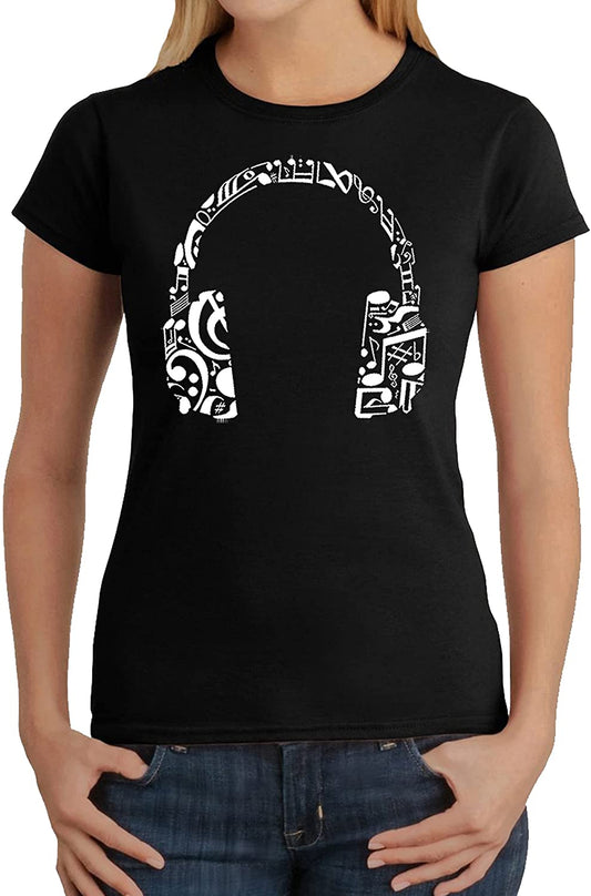 LA POP ART Women's Word Art Music Note Headphones T-Shirt  Color Black Size M