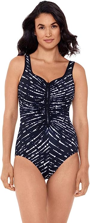 Reebok Women's Drop Everything Shirred Zipper One Piece Swimsuit  Color Black/White Size 10