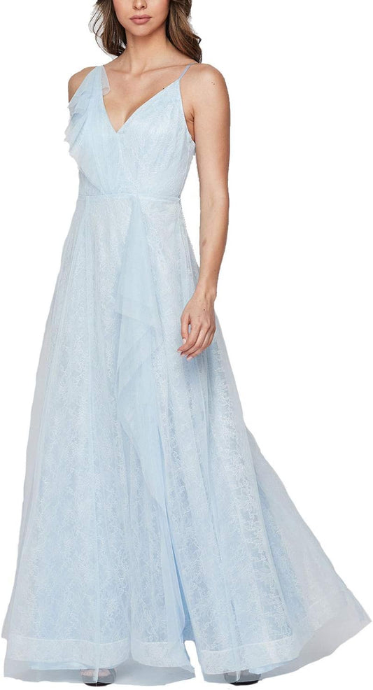 Teeze Me Formal Flowy Ruffle Lace Slit Gown  Color Light Blue Size 3