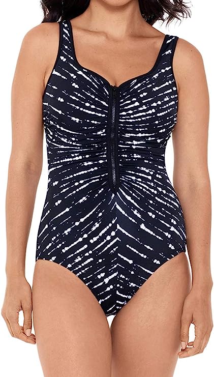 Reebok Women's Drop Everything Shirred Zipper One Piece Swimsuit  Color Black/White Size 10