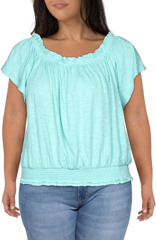 INC International Concepts Women's Cotton Smocked Peasant Top  Color Teal Sea Size L