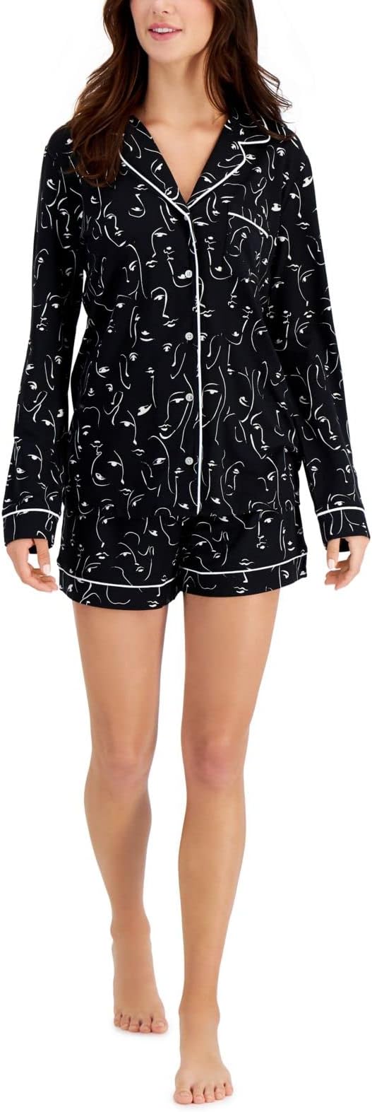 Alfani Women's Ultra-Soft Notch Collar Shirt & Shorts Pajama Set  Color Face Outline Size XS