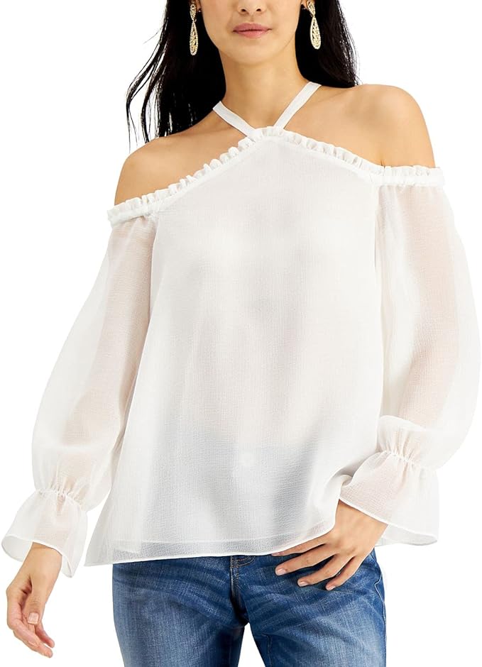 INC International Concepts Women's Solid Cold-Shoulder Top  Color Washed White Size XL