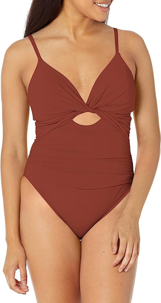 La Blanca Twist-Front Keyhole One-Piece Swimsuit  Color Cinnamon Size 14