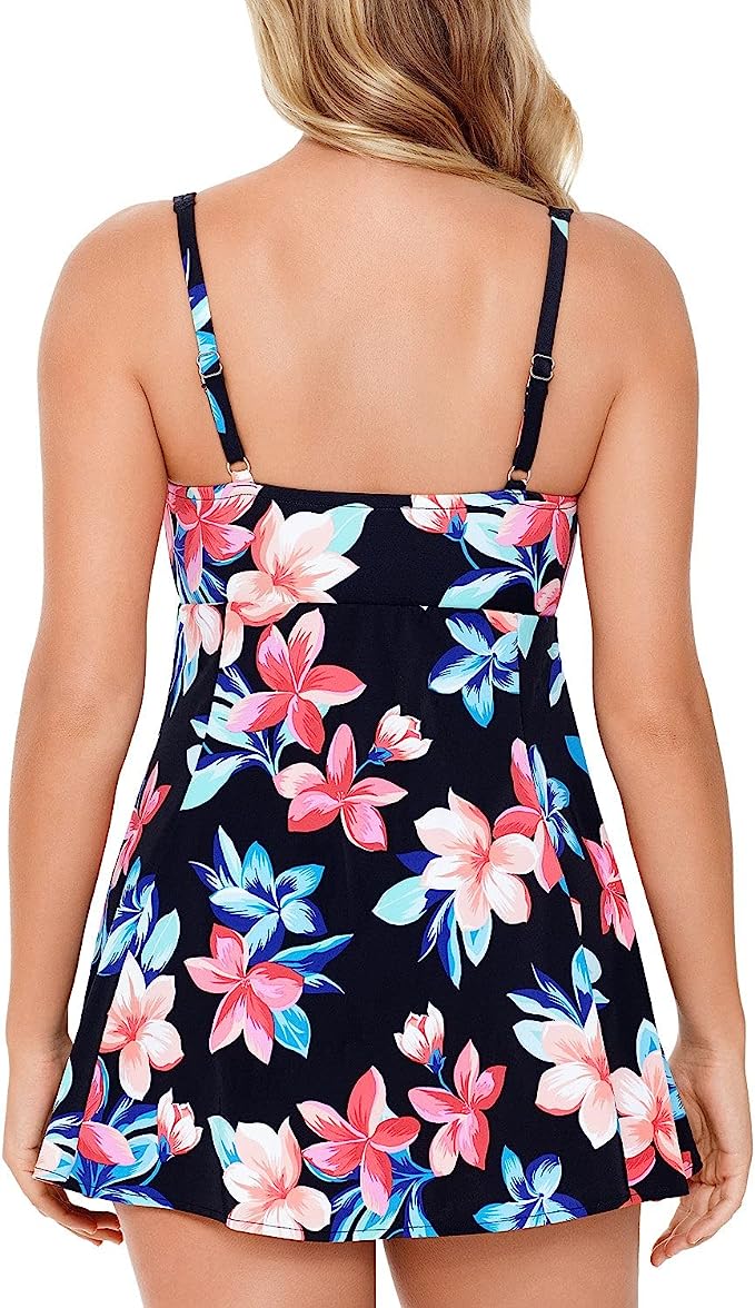 Swim Solutions Printed Bow-Front Tummy Lanai Control Swimdress  Color Black Multi Size 8