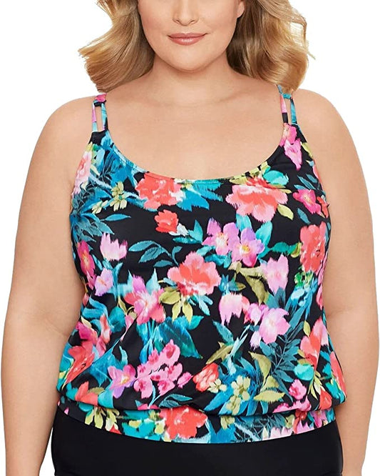 Swim Solutions Plus Size In Living Color Blouson Tankini Top  Color Black Multi Size 24W