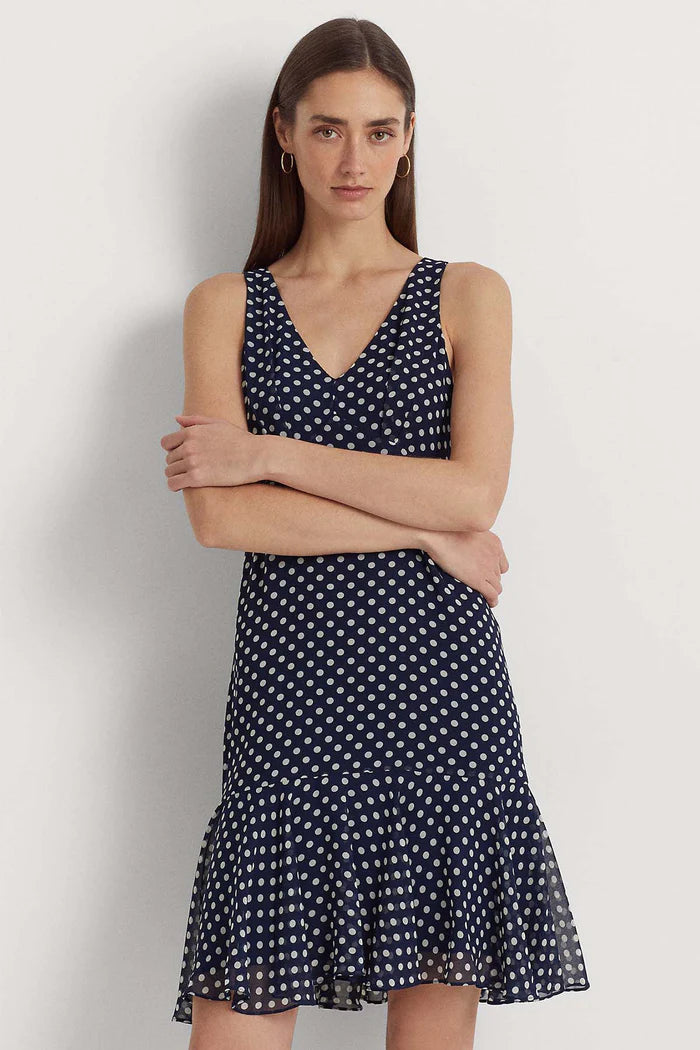 Lauren Ralph Lauren Women's Polka Dot Chiffon Sleeveless Dress  Color Navy/Cream Size 2