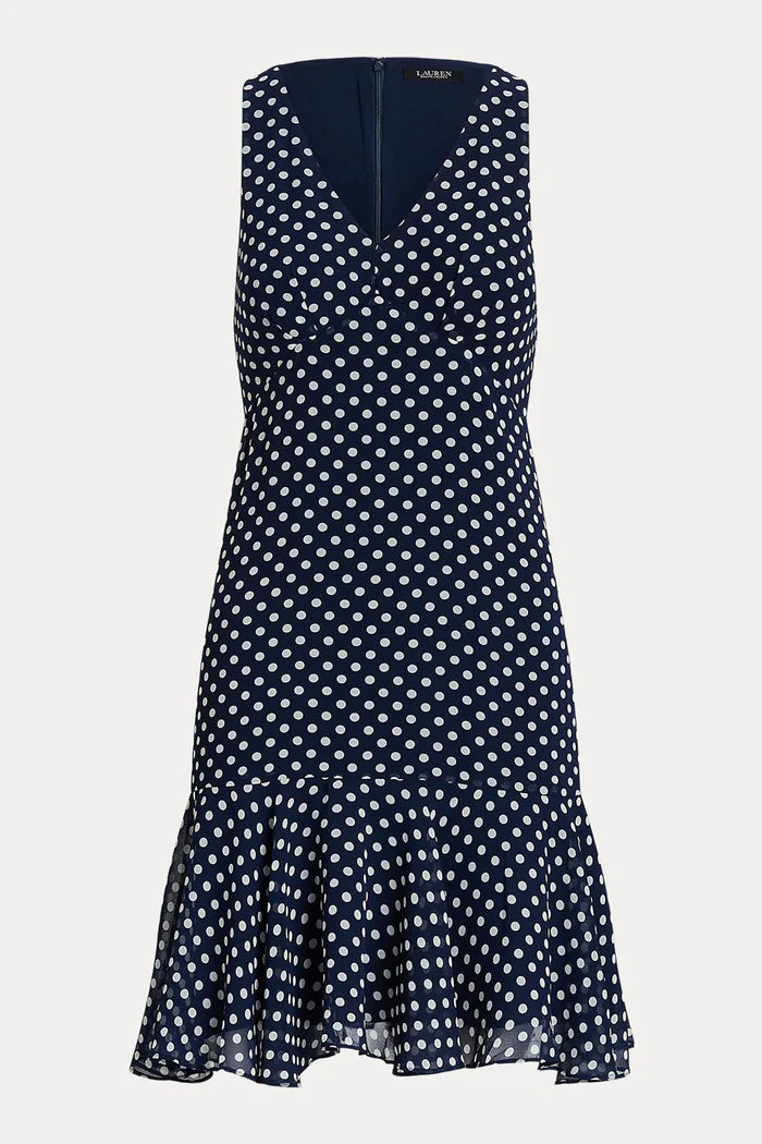 Lauren Ralph Lauren Women's Polka Dot Chiffon Sleeveless Dress  Color Navy/Cream Size 2