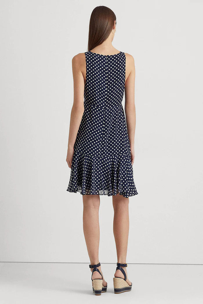 Lauren Ralph Lauren Women's Polka Dot Chiffon Sleeveless Dress  Color Navy/Cream Size 2