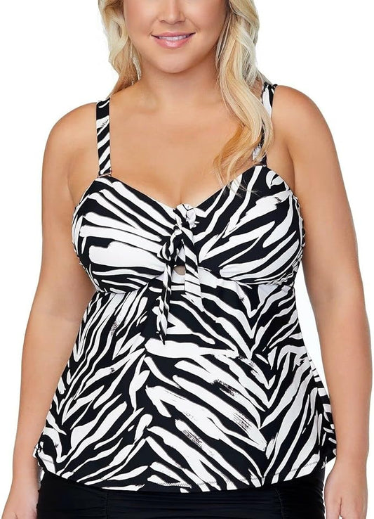 Raisins Curve Plus Size Meru Zanzibar Tankini Swim Top  Color Black Stone Size 14W