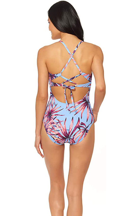 Jessica Simpson Palmy Days Camisole One-Piece Swimsuit  Color Lilac Palm Print Size S