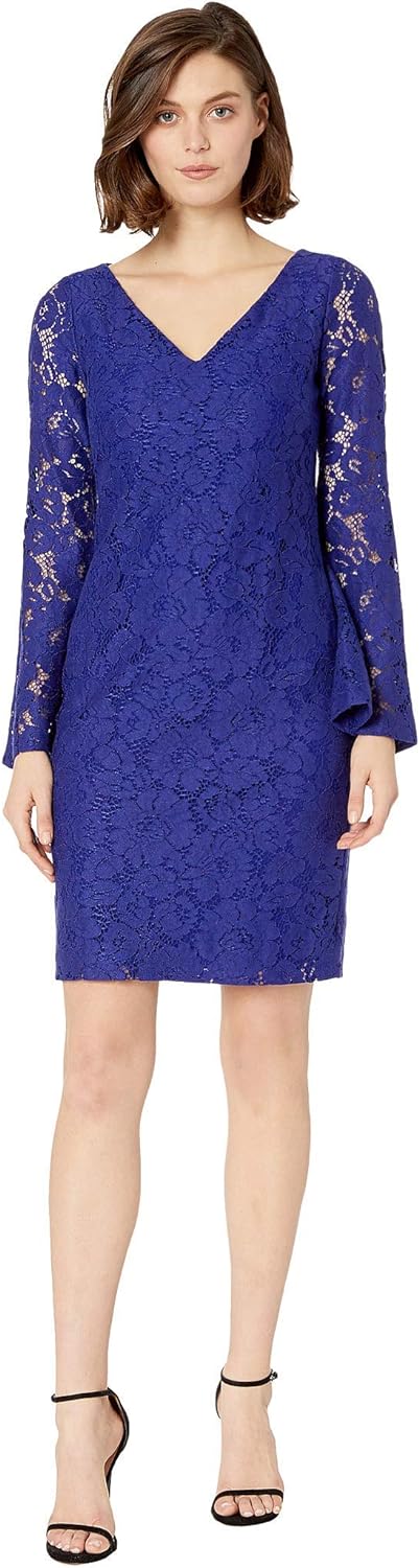 LAUREN RALPH LAUREN Garden Floral Lace Fresy Long Sleeve Day Dress  Color Cannes Blue Size 6